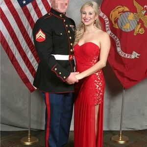 Elegant Red Evening Gown with Matching Shoes